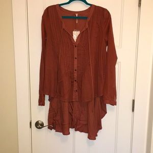 Free People Dawn Pink High-Low Blouse with Tie Neckline